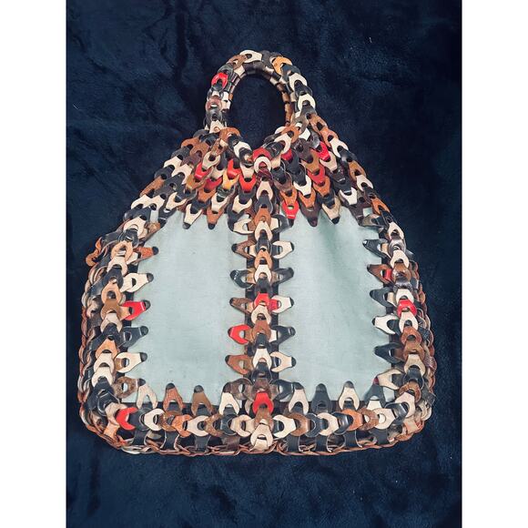 VINTAGE 60's 70's ALL LEATHER MULTI LINKS BOHO HIPPIE BAG W/ AQUA PANELS - Picture 2 of 5